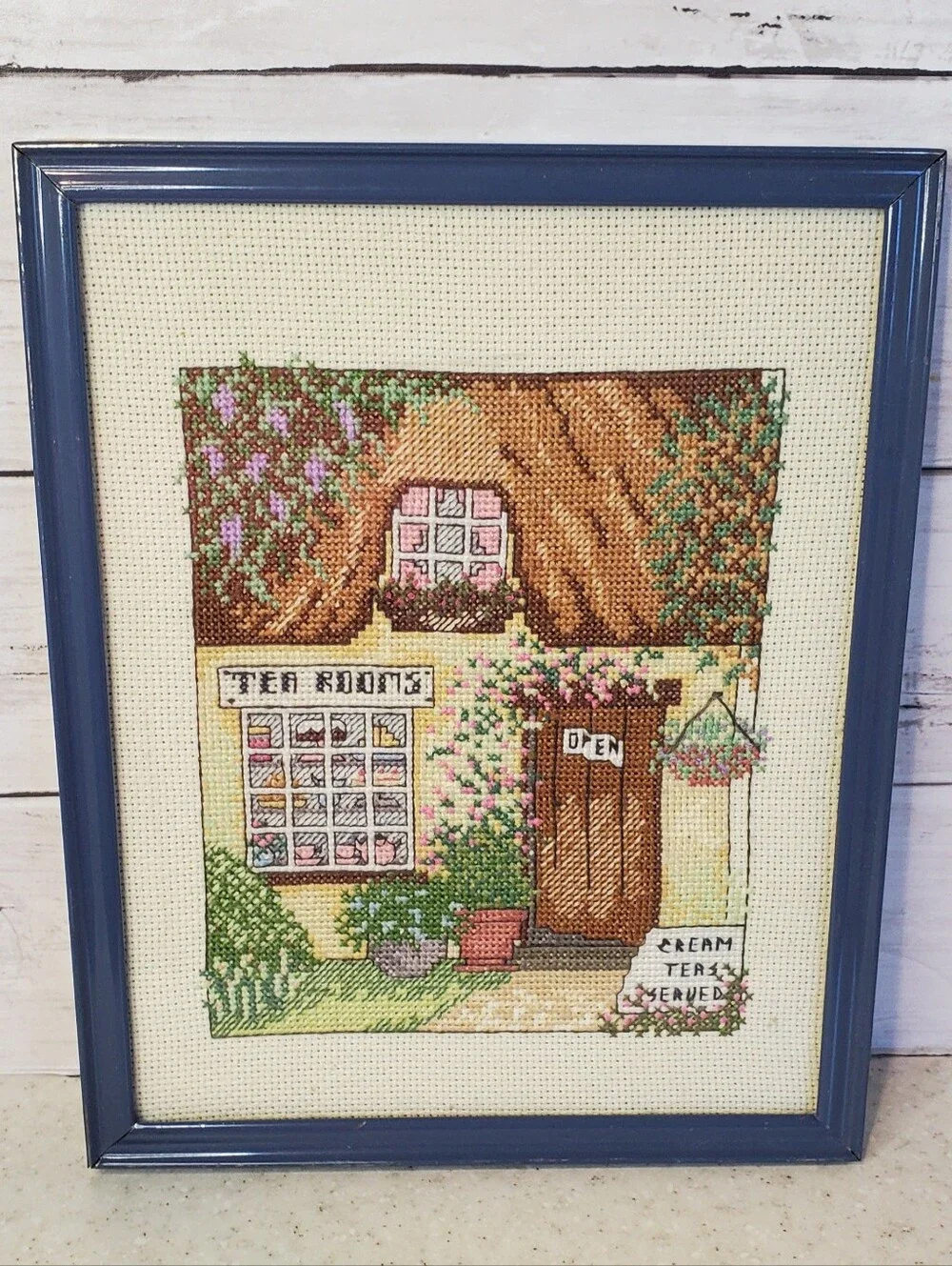 Vintage Handmade Cross Stitch Tea Rooms Cottage Needlepoint Framed Cottagecore G
